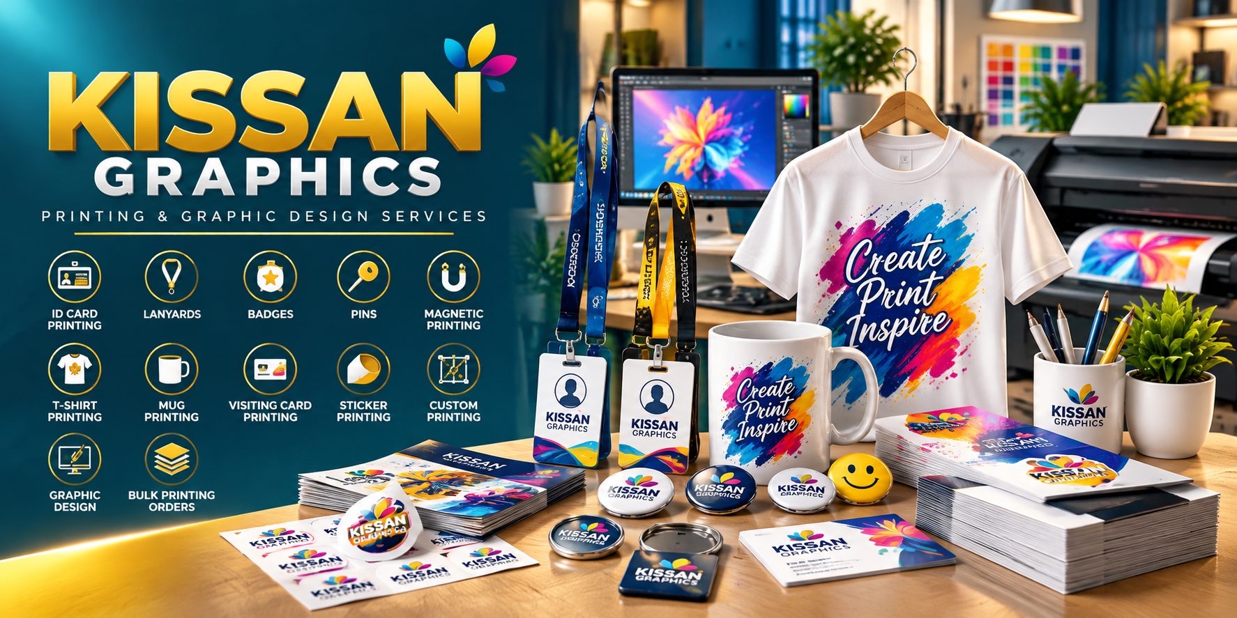 Kissan Graphics — ID cards, lanyards, badges, T-shirts, mugs, visiting cards and stickers